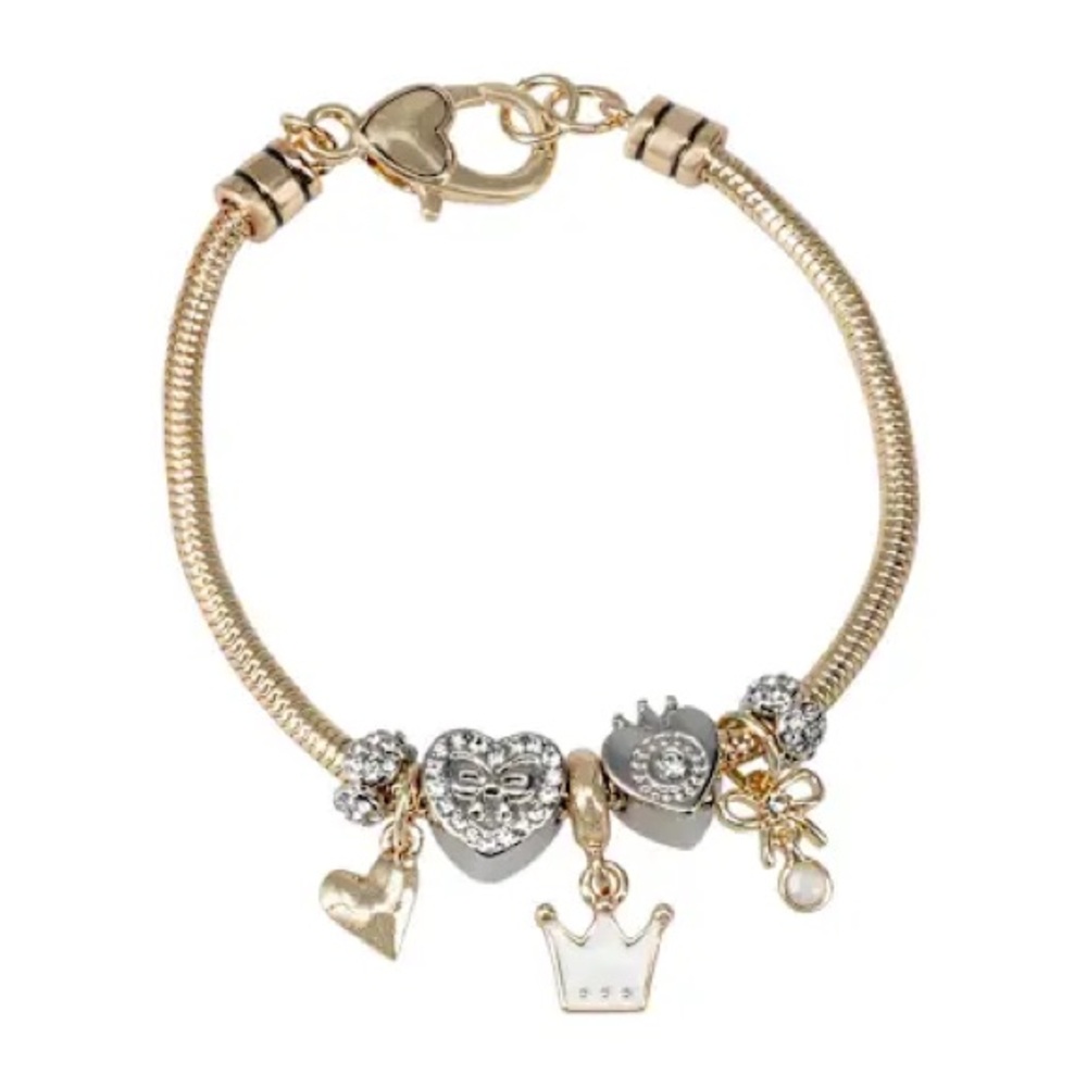 Crown Coquette Bow Gold Tone Charm Bracelet